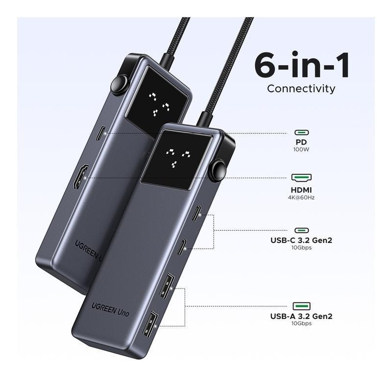 UGREEN Uno 6-In-1 USB-C Hub 2X USB-A 3.2 + 2X USB-C 3.2 + 4K 60Hz HDMI + 100W PD - Space Gray, , large image number 1