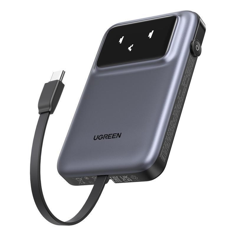 UGREEN Uno Power Bank 10000mAh 30W PD With Built-In USB-C Cable + USB-C 30W In/Out + USB-A 22.5W Out - Gray, , large image number 0