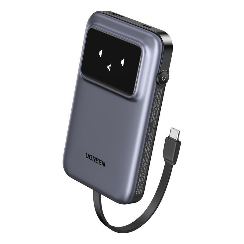 UGREEN Uno Power Bank 10000mAh 30W PD With Built-In USB-C Cable + USB-C 30W In/Out + USB-A 22.5W Out - Gray, , large image number 2
