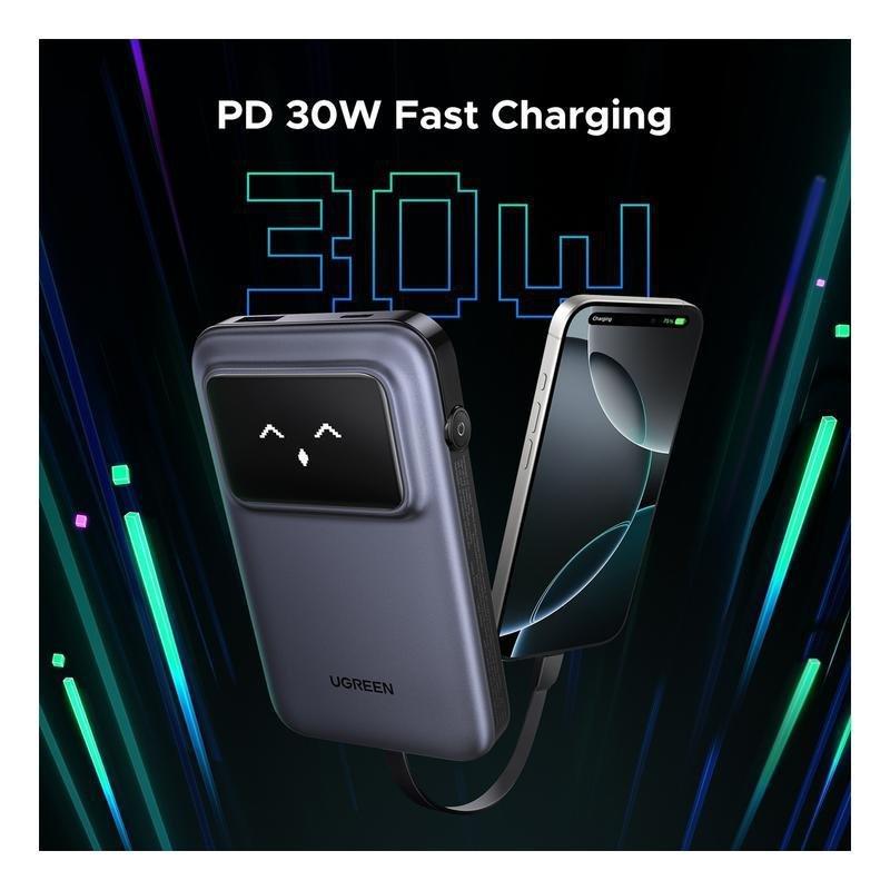 UGREEN Uno Power Bank 10000mAh 30W PD With Built-In USB-C Cable + USB-C 30W In/Out + USB-A 22.5W Out - Gray, , large image number 3