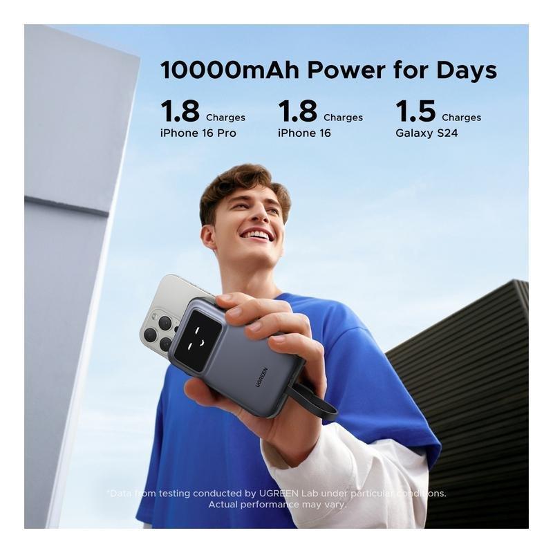 UGREEN Uno Power Bank 10000mAh 30W PD With Built-In USB-C Cable + USB-C 30W In/Out + USB-A 22.5W Out - Gray, , large image number 6