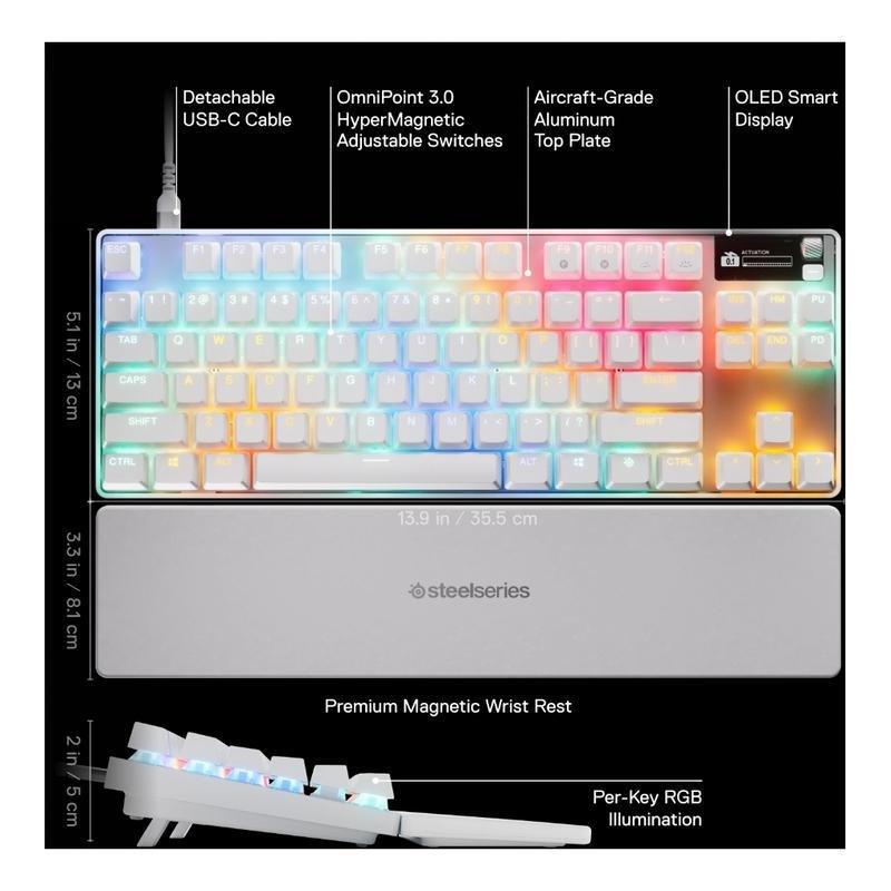 Steelseries Apex Pro Gen 3 TKL White Gaming Keyboard - OmniPoint 3.0 Adjustable HyperMagnetic Switches (US Layout), , large image number 8