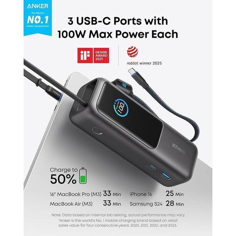 Anker Power Bank 25K 165W Built-In And Retractable Cables, , large image number 2