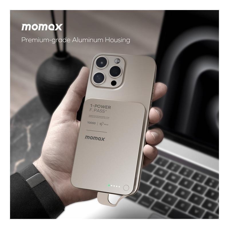 Momax 1-Power F.Pass+ 10000mAh Power Bank With Built-In Cable & Magnetic Attachment- Desert Titanium, , large image number 0