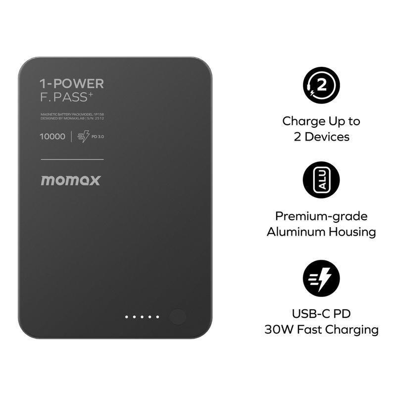 Momax 1-Power F.Pass+ 10000mAh Power Bank With Built-In Cable & Magnetic Attachment- Desert Titanium, , large image number 6