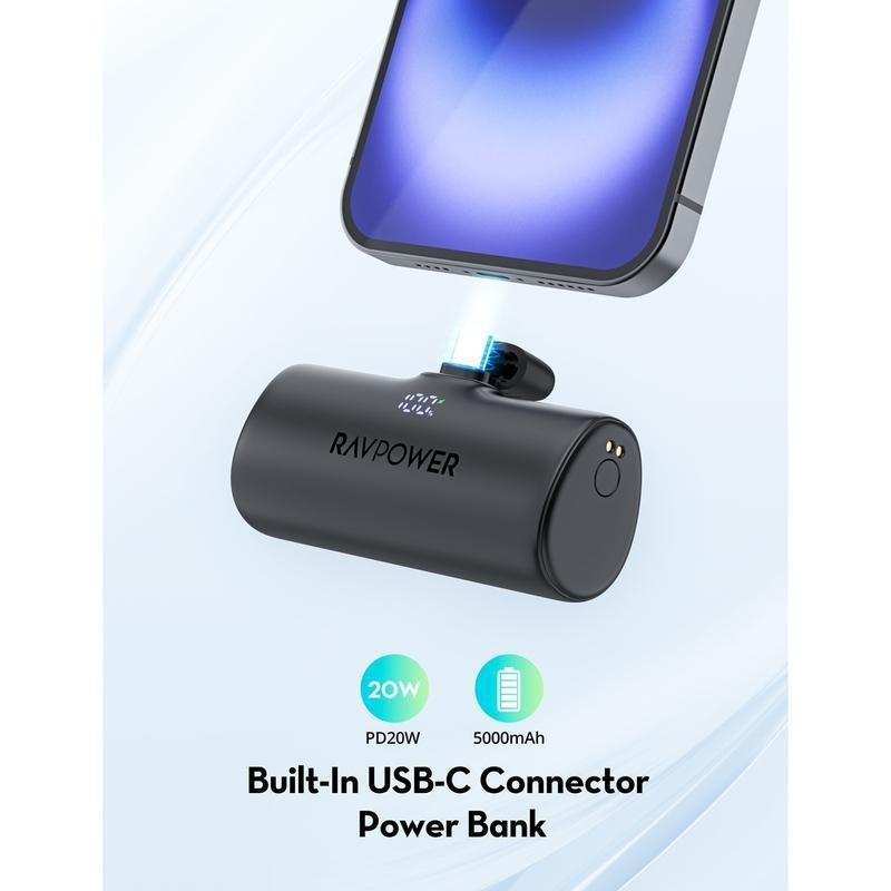 RavPower RP-Pc1221 Portable 5000mAh Mini Power Bank Built In USB-C Connector - Black, , large image number 1