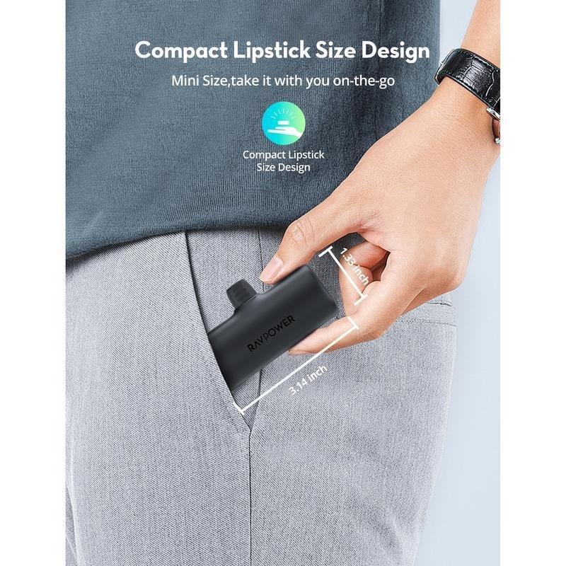 RavPower RP-Pc1221 Portable 5000mAh Mini Power Bank Built In USB-C Connector - Black, , large image number 2