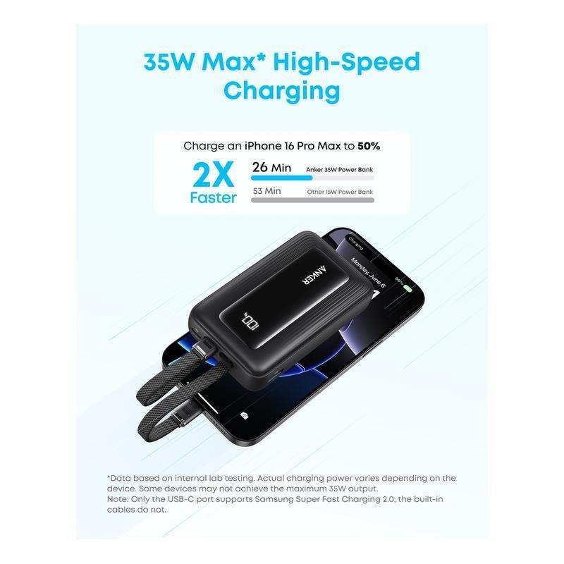 Anker Zolo Power Bank 10000mAh 30W With Built-In USB-C And Lightning Cables - Black, , large image number 1