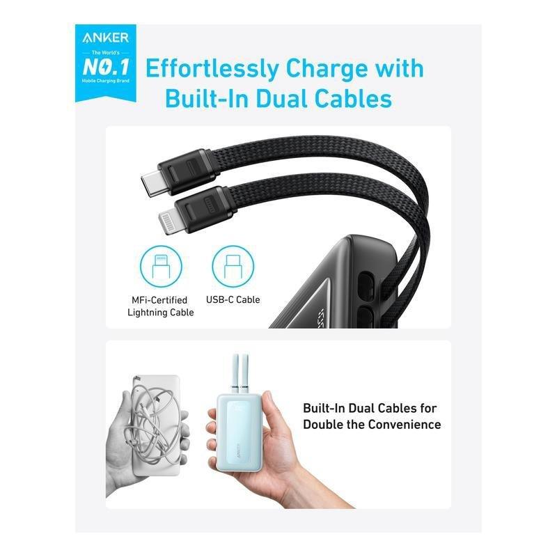 Anker Zolo Power Bank 10000mAh 30W With Built-In USB-C And Lightning Cables - Black, , large image number 2