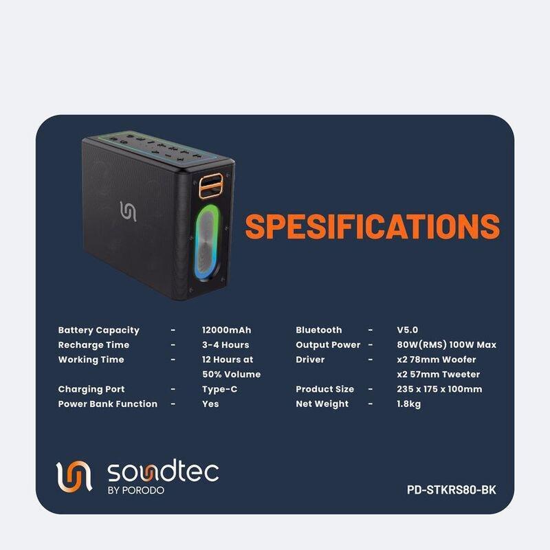 Porodo Soundtec Quantum 2.2 Channel Portable Speaker 100W - Black, , medium