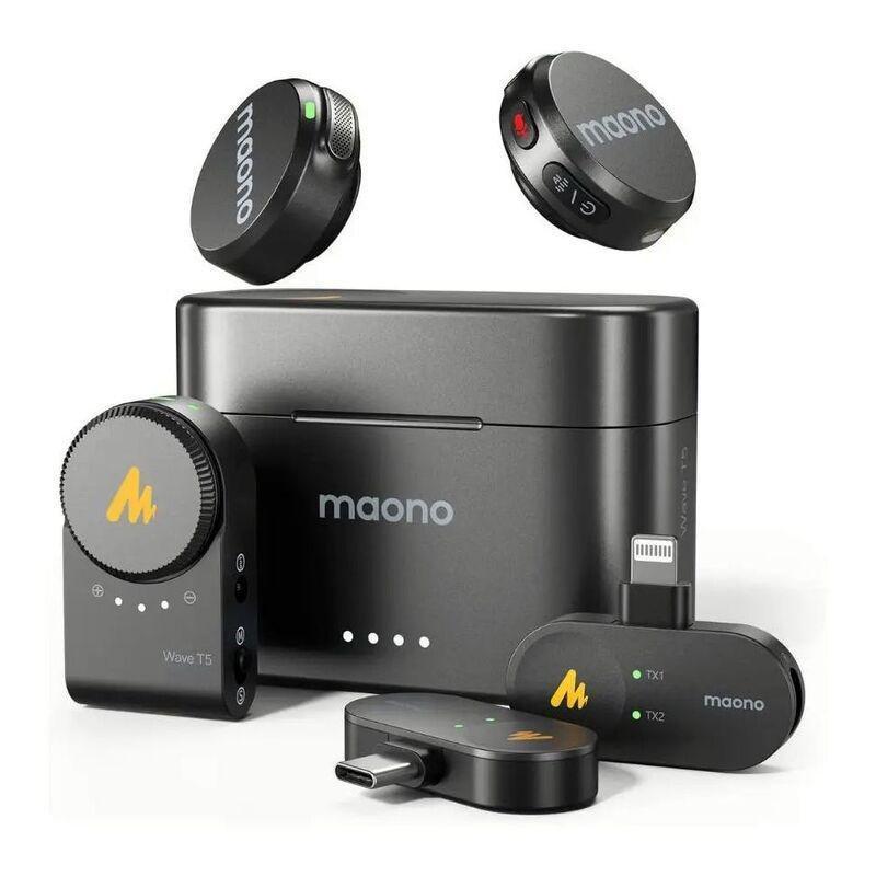 Maono Wave T5 Combo Wireless Lavalier Microphone For Camera / Lightning / Type-C - Black, , large image number 1