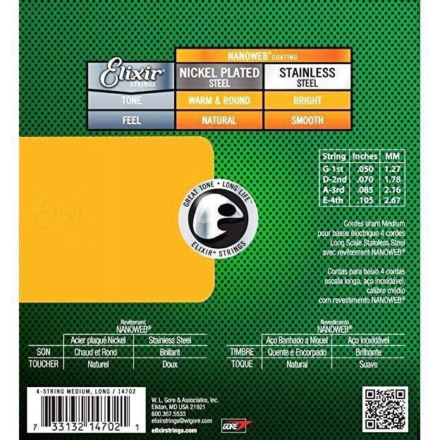 Elixir Strings 0.50 - 105 Nanoweb Medium Long Scale Electric 4 Bass Guitar Strings - Medium Gauge, , large image number 1