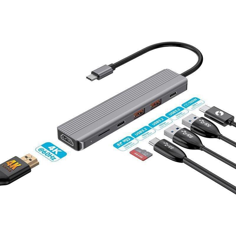 Powerology 6-in-1 Slim 4K HDMI USB-C Hub 10Gbps Data Transfer & 100W PD, , large image number 1