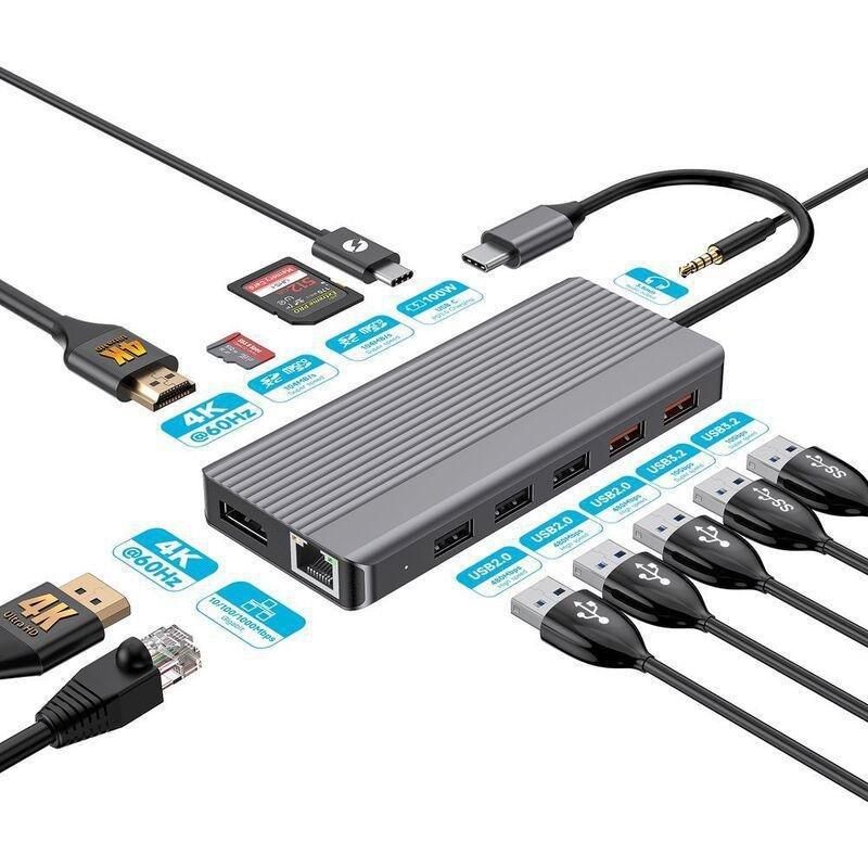 POWEROLOGY - Powerology 12-in-1 HDMI & DP 4K USB-C Hub Ethernet 10Gbps Data Transfer & 100W PD