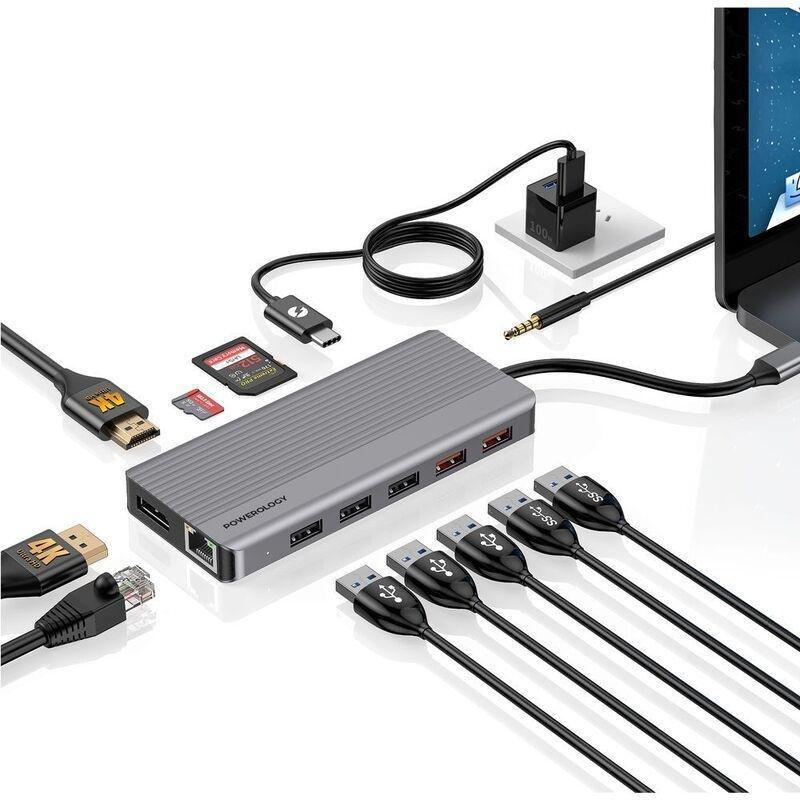 POWEROLOGY - Powerology 12-in-1 HDMI & DP 4K USB-C Hub Ethernet 10Gbps Data Transfer & 100W PD