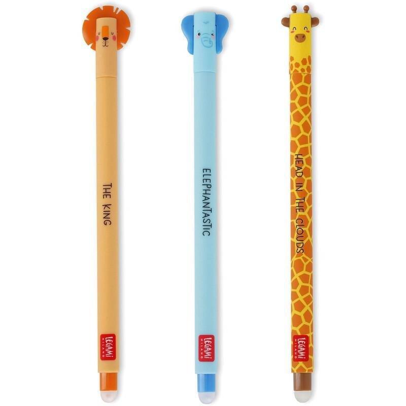Legami Erasable Gel Pens - Set of 3 - Lion / Elephant / Giraffe, , large image number 0