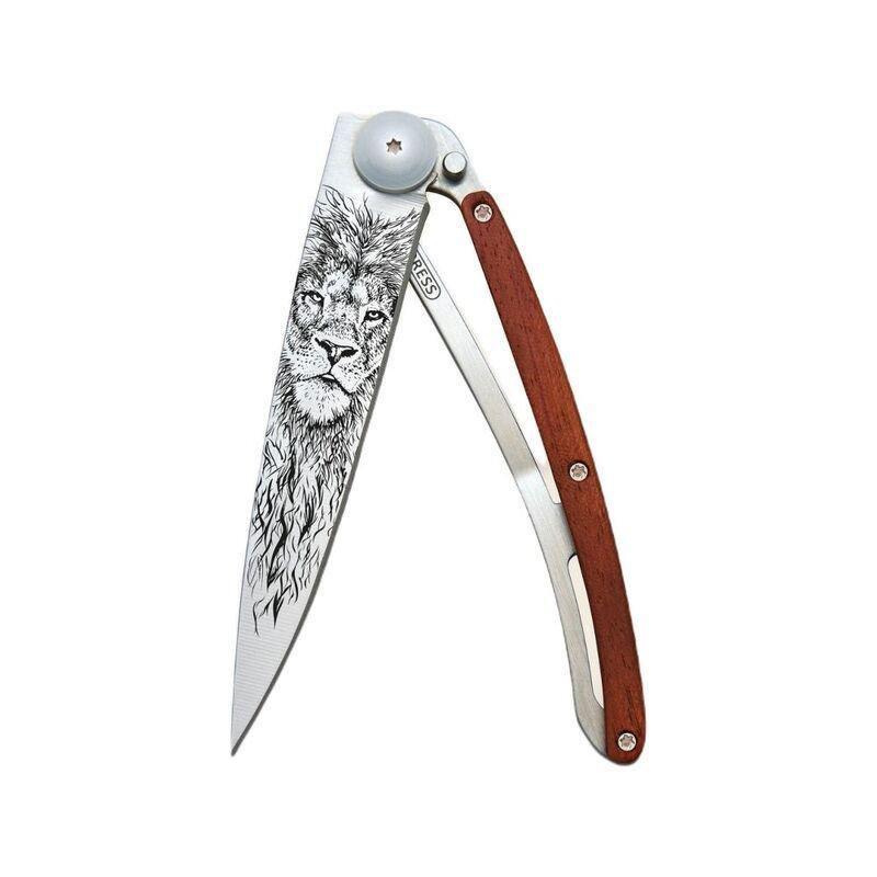 Deejo 37G Pocket Knife - Coral Wood/Lion (Grey), , medium