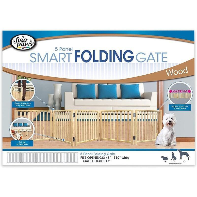 Four Paws Safety Gate Free Standing 5 Panel Walk Over Wood Gate 48-110" x 17", , large image number 0
