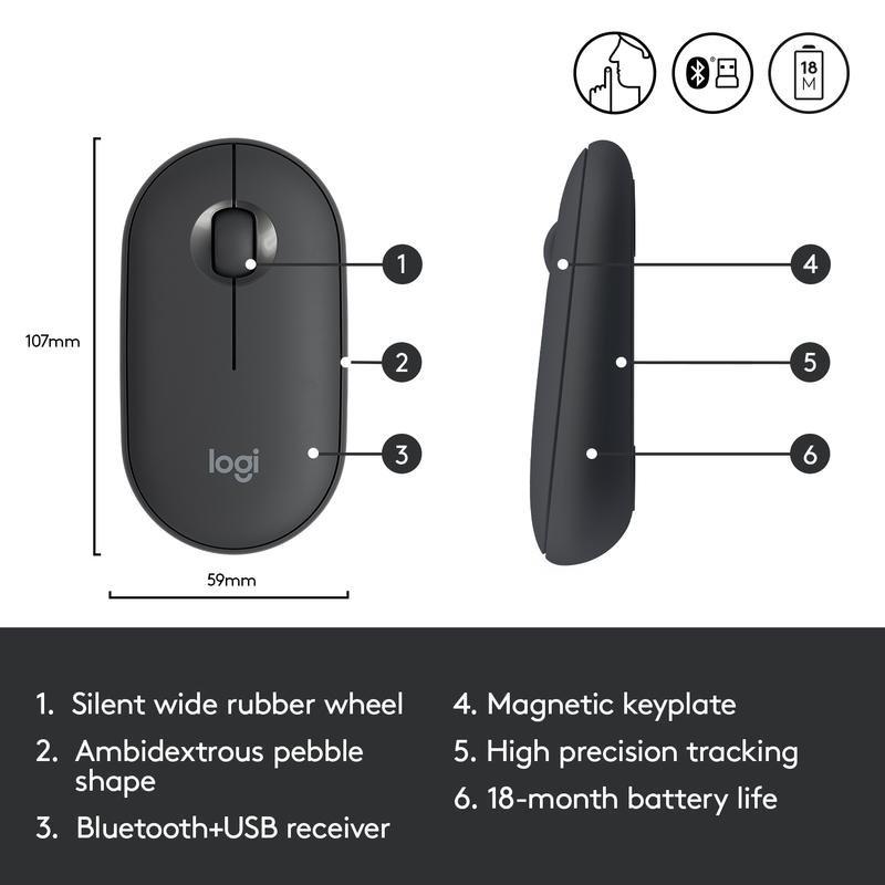 Logitech 910-005718 Pebble Wireless Mouse Graphite with Bluetooth or 2.4 GHz Receiver Silent/Slim/Quiet Click for Laptop/iPad/PC and Mac, , large image number 2