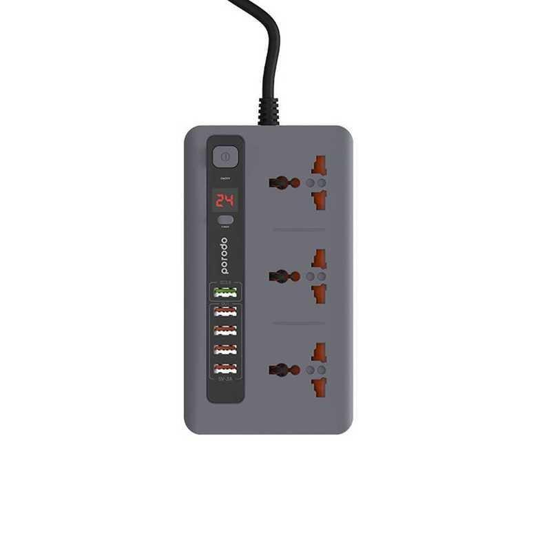 Porodo 4 USB Port 3.4A + 1 QC 3.0 with 3 Universal Power Sockets 10A Grey, , large image number 0