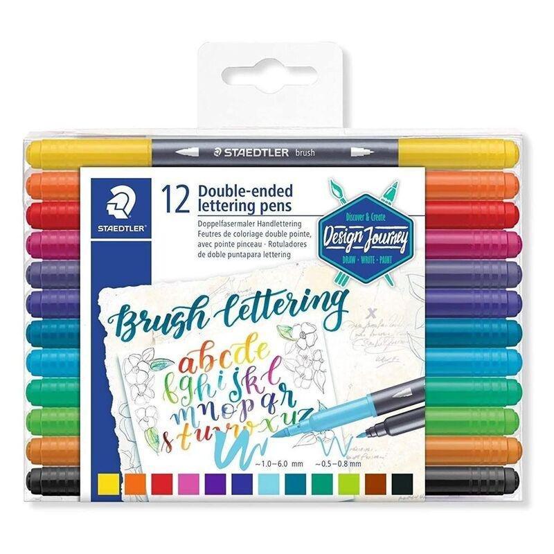 Staedtler Brush Doule-Ended Lettering Pens - Assorted Colours (Pack Of 12), , medium