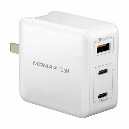 MOMAX - Momax 3-Port 2XUSB C 1X USB A 65W Gan White Wall Charger