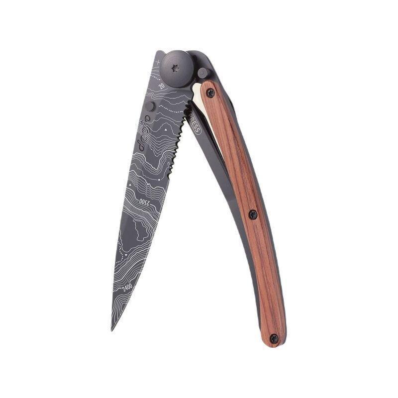 Deejo 37G Pocket Knife - Serrated Coral Wood/Topography (Black), , large image number 0