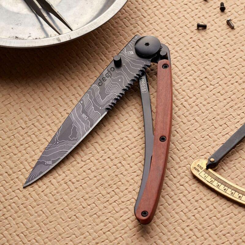 Deejo 37G Pocket Knife - Serrated Coral Wood/Topography (Black), , large image number 2