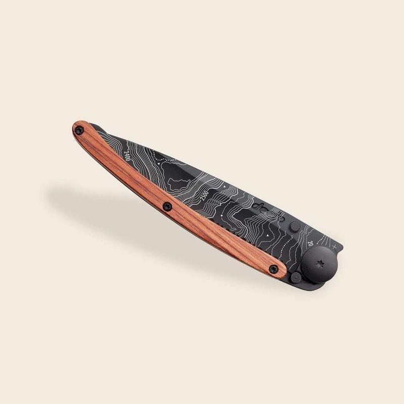 Deejo 37G Pocket Knife - Serrated Coral Wood/Topography (Black), , large image number 4