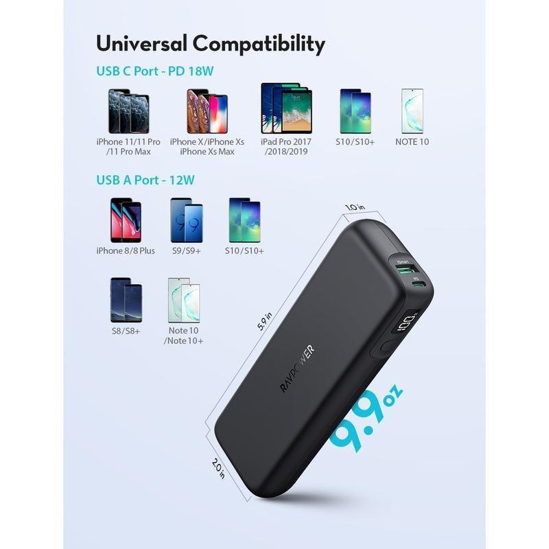 RavPower RP-Pb203 PD Pioneer 15000mAh 30W 2-Port Portable Charger USB-C Power Bank - Black, , large image number 3