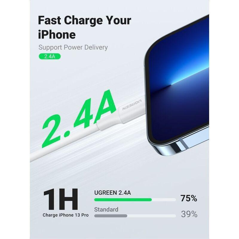 UGREEN USB-A Male to Lightning Male Cable Nickel Plating ABS Shell 2m - White, , large image number 4