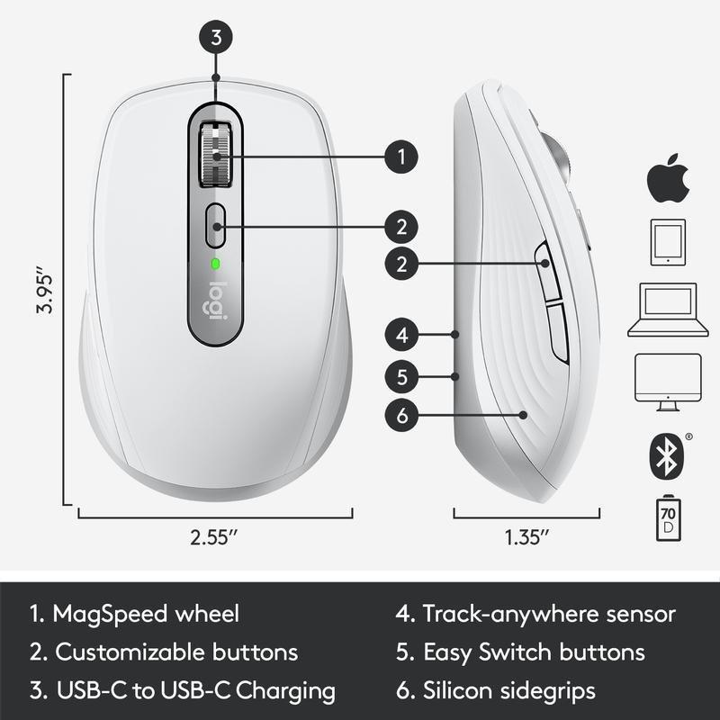 Logitech 910-005991 MX Anywhere 3 Mac Pale Grey Wireless Mouse, , large image number 1