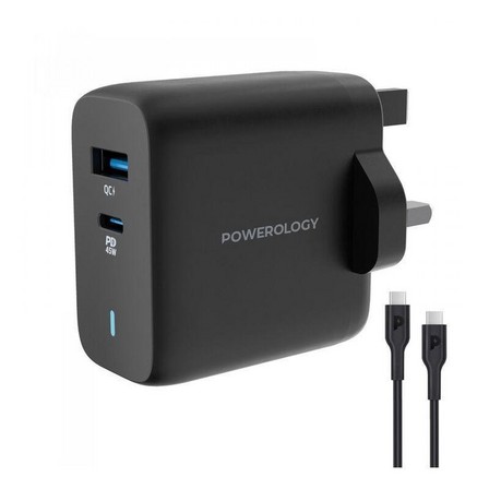 POWEROLOGY - Powerology 63W Ultra-Quick GaN Charger 45W PD & USB-A Quick Charge 18W QC3.0 With 60W Type-C To Type-C Cable