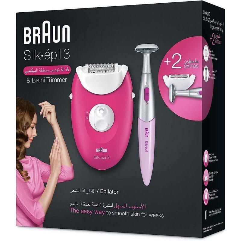 BRAUN - Braun Silk-epil 3420 Epilator Plus Massage Rollers and Bikini Trimmer (SE 3321) - Raspberry Pink