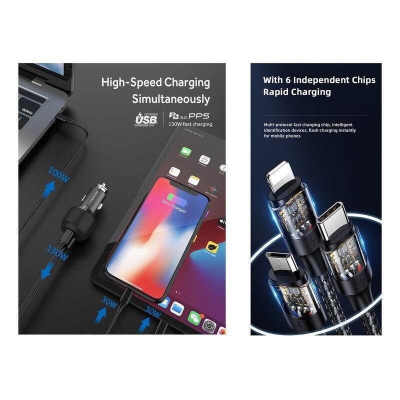 Connected Rocket-130 3-Port Car Charger 130W + Cuatro-Dous 6-in-1 Cable (Bundle), , large image number 1