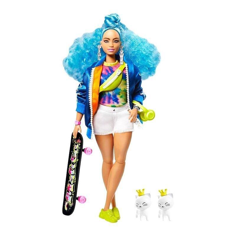 Mattel Barbie Extra Doll Blue Curly Hair In Bomber Jacket with 2 Pet Kittens, , large image number 0