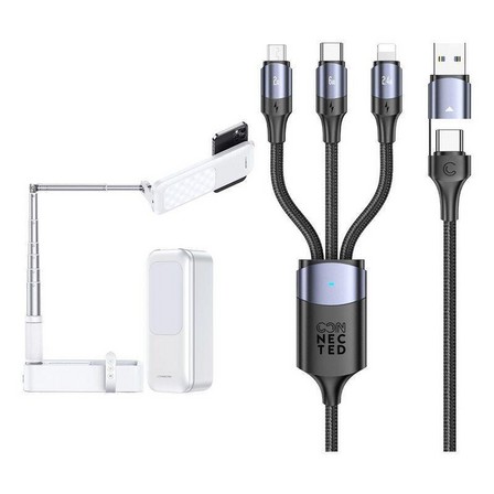 CONNECTED - Connected Fold-1 Mobile Stand with Double-Sided LED Light + Cuatro-Dous 6-in-1 Cable (Bundle)