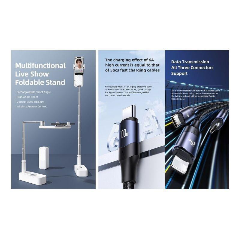 Connected Fold-1 Mobile Stand with Double-Sided LED Light + Cuatro-Dous 6-in-1 Cable (Bundle), , large image number 1