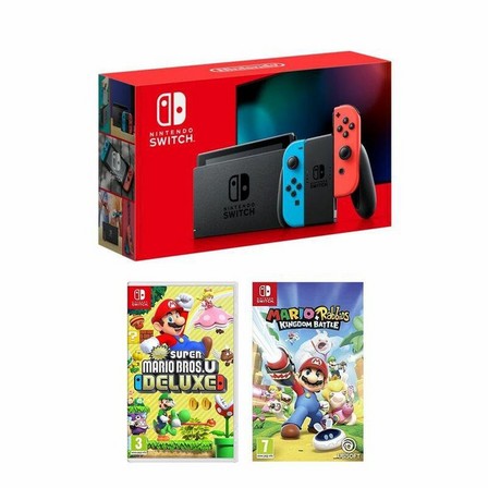 NINTENDO - Nintendo Switch Console with Neon Joy-Con + New Super Mario Bros. U Deluxe + Mario + Rabbids Kingdom Battle