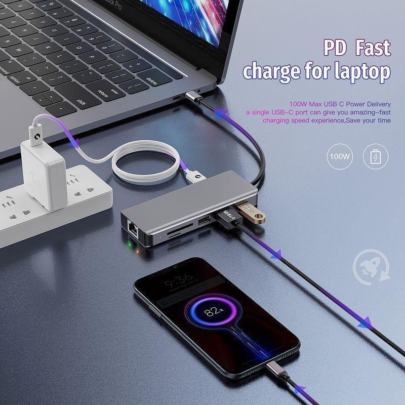 Porodo 9-in-1 4K HDMI Ethernet USB-C Hub with 100W PD, , large image number 2