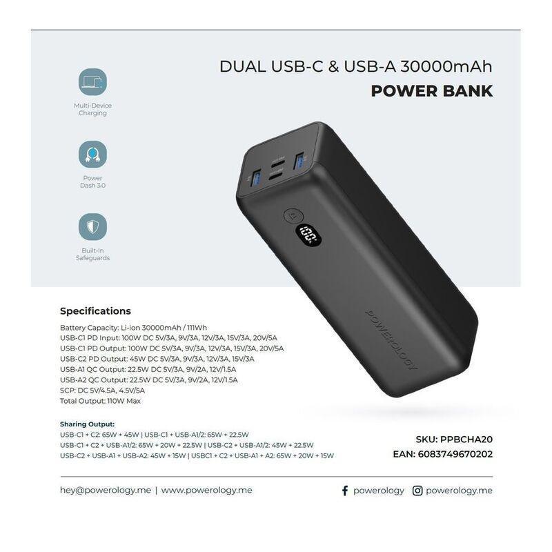 Powerology 100W PD Onyx 30000mAh Dual USB-C Power Bank Rapid Four-Device Charging, , large image number 2