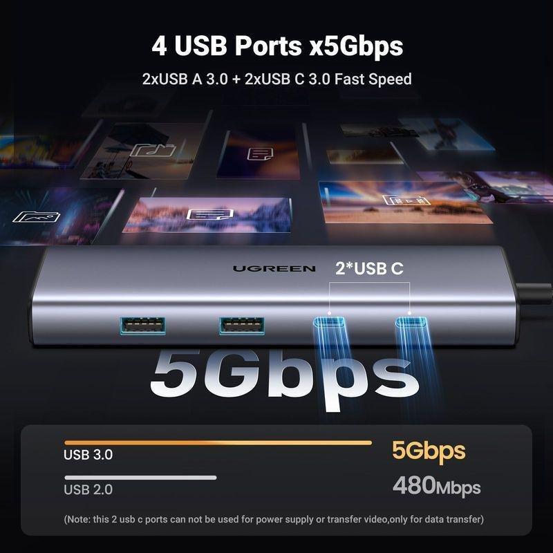 UGREEN 9-in-1 USB-C HUB 2xUSB-A 3.0/USB-C 100W PD/2xUSB-C 3.0/SD/TF/RJ45/4K HDMI - Space Grey, , large image number 7