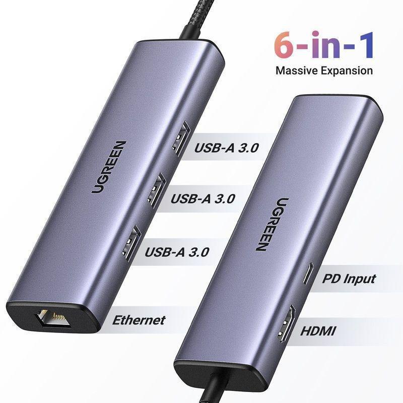 UGREEN 6-in-1 USB C HUB 3xUSB-A 3.0/USB-C 100W PD/RJ45/4K HDMI - Space Grey, , large image number 3