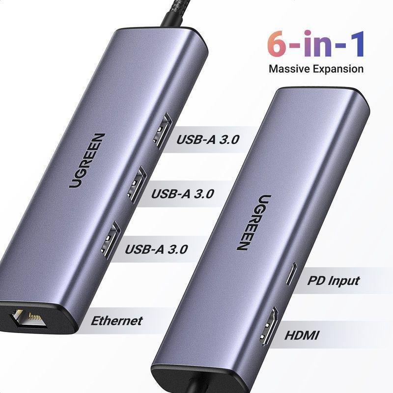 UGREEN 6-in-1 USB C HUB 3xUSB-A 3.0/USB-C 100W PD/RJ45/4K HDMI - Space Grey, , large image number 4