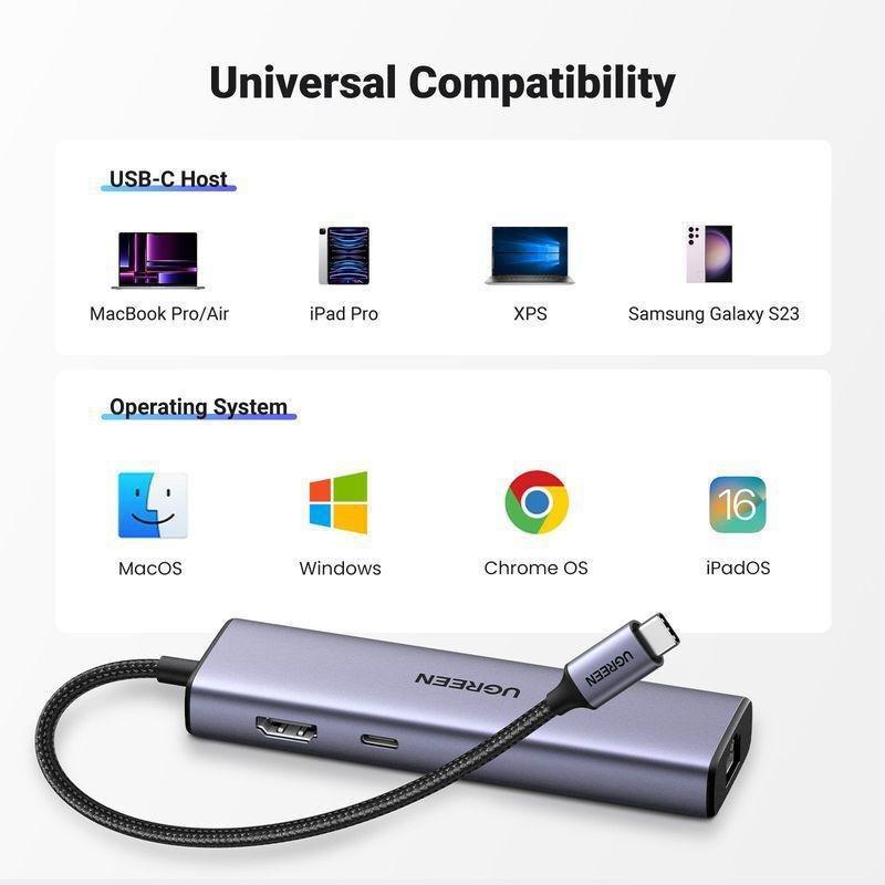 UGREEN 6-in-1 USB C HUB 3xUSB-A 3.0/USB-C 100W PD/RJ45/4K HDMI - Space Grey, , large image number 9