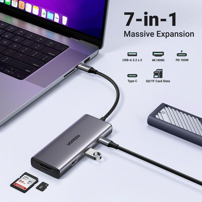 UGREEN 7-in-1 USB-C HUB 2xUSB-A 3.2/USB-C 100W PD/USB-C 3.2/SD/TF/4K HDMI - Space Grey, , large image number 2