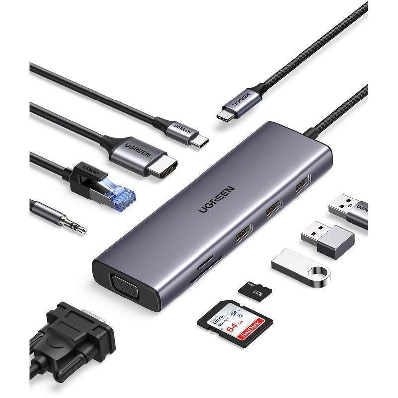 UGREEN 10-in-1 USB-C HUB 3xUSB-A 3.0/USB-C 100W PD/SD/TF/RJ45/4K HDMI/VGA/3.5mm - Space Grey, , medium
