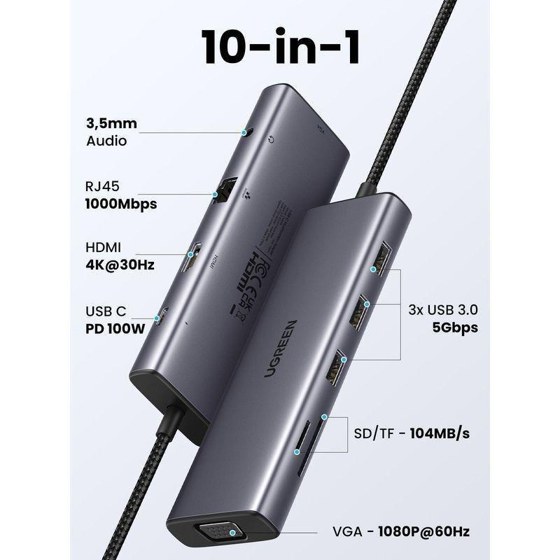 UGREEN 10-in-1 USB-C HUB 3xUSB-A 3.0/USB-C 100W PD/SD/TF/RJ45/4K HDMI/VGA/3.5mm - Space Grey, , large image number 1
