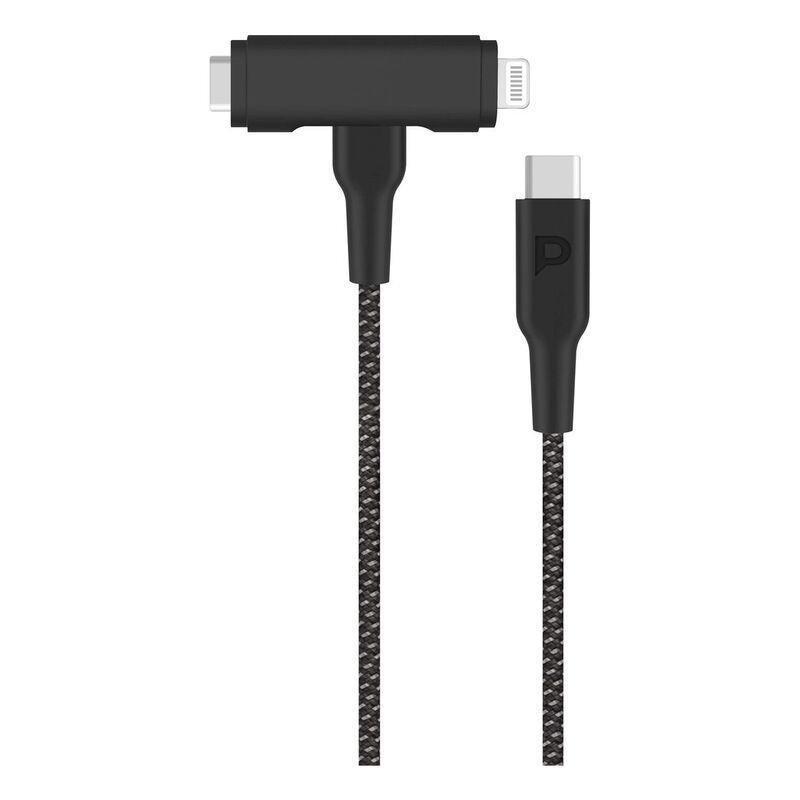 Powerology Braided USB-C to USB-C + Lightning Data & Fast Charge Cable - 1.2m/4ft - Black, , medium