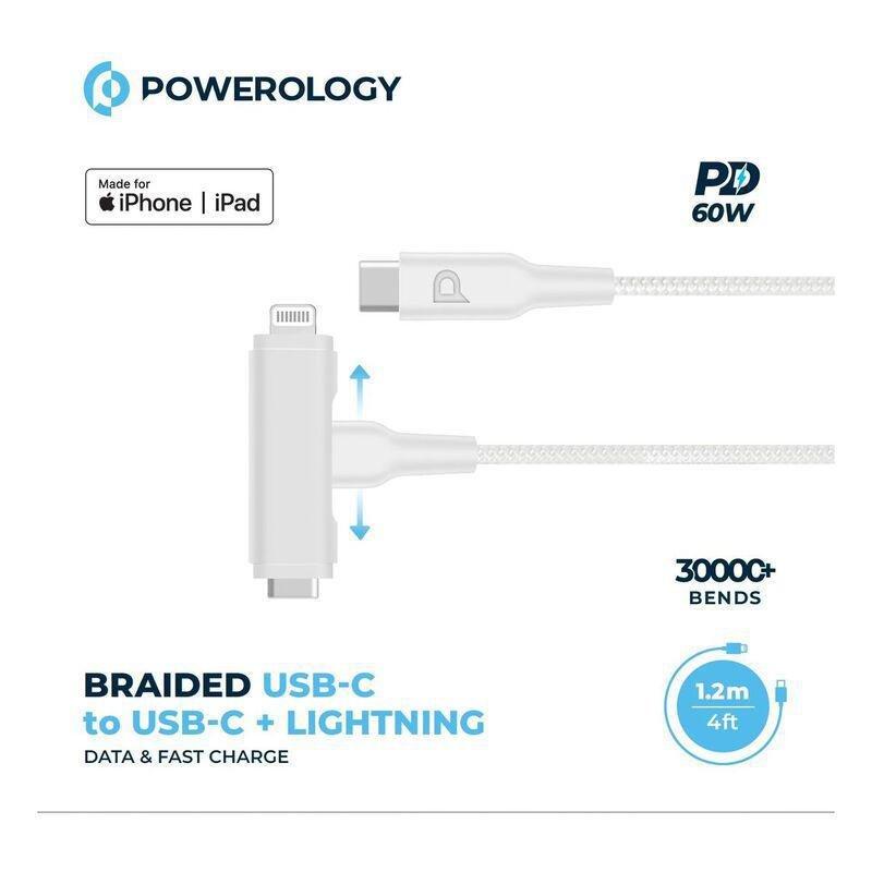 Powerology Braided USB-C to USB-C + Lightning Data & Fast Charge Cable - 1.2m/4ft - Black, , large image number 2